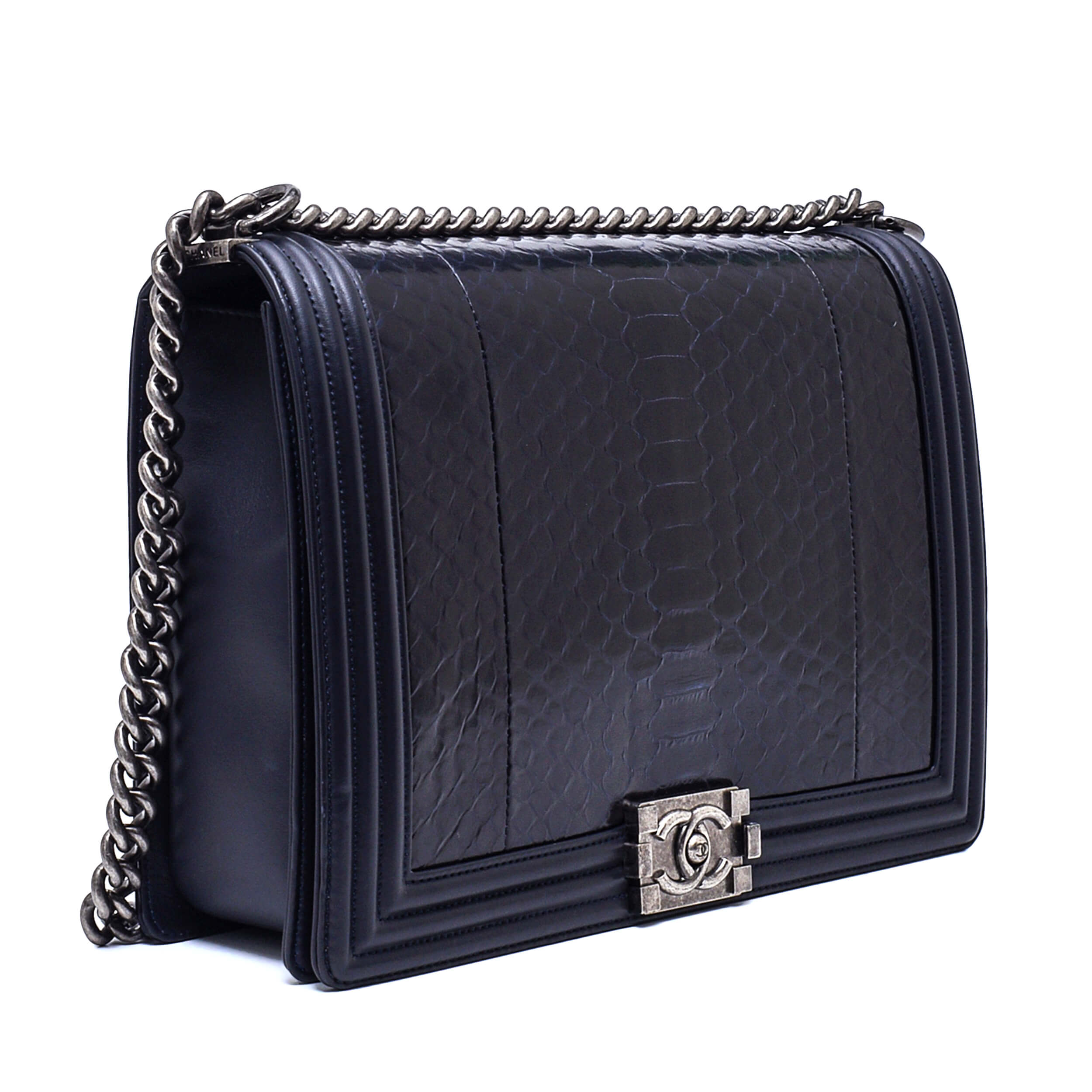 Chanel - Black & Navy Python Leather Large Le Boy Bag